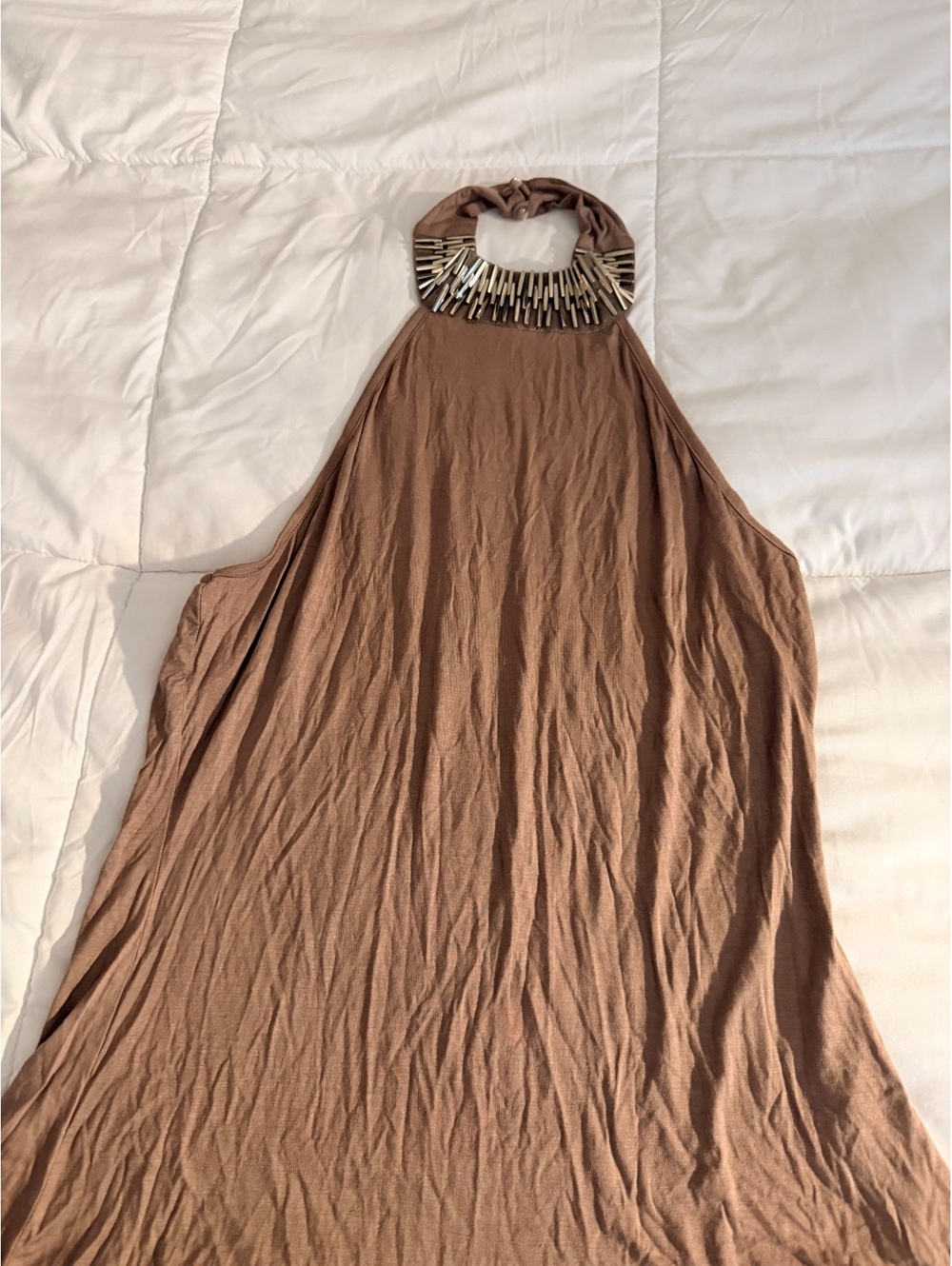 Brown Halter Neck Maxi Dress with Metallic Beaded Collar